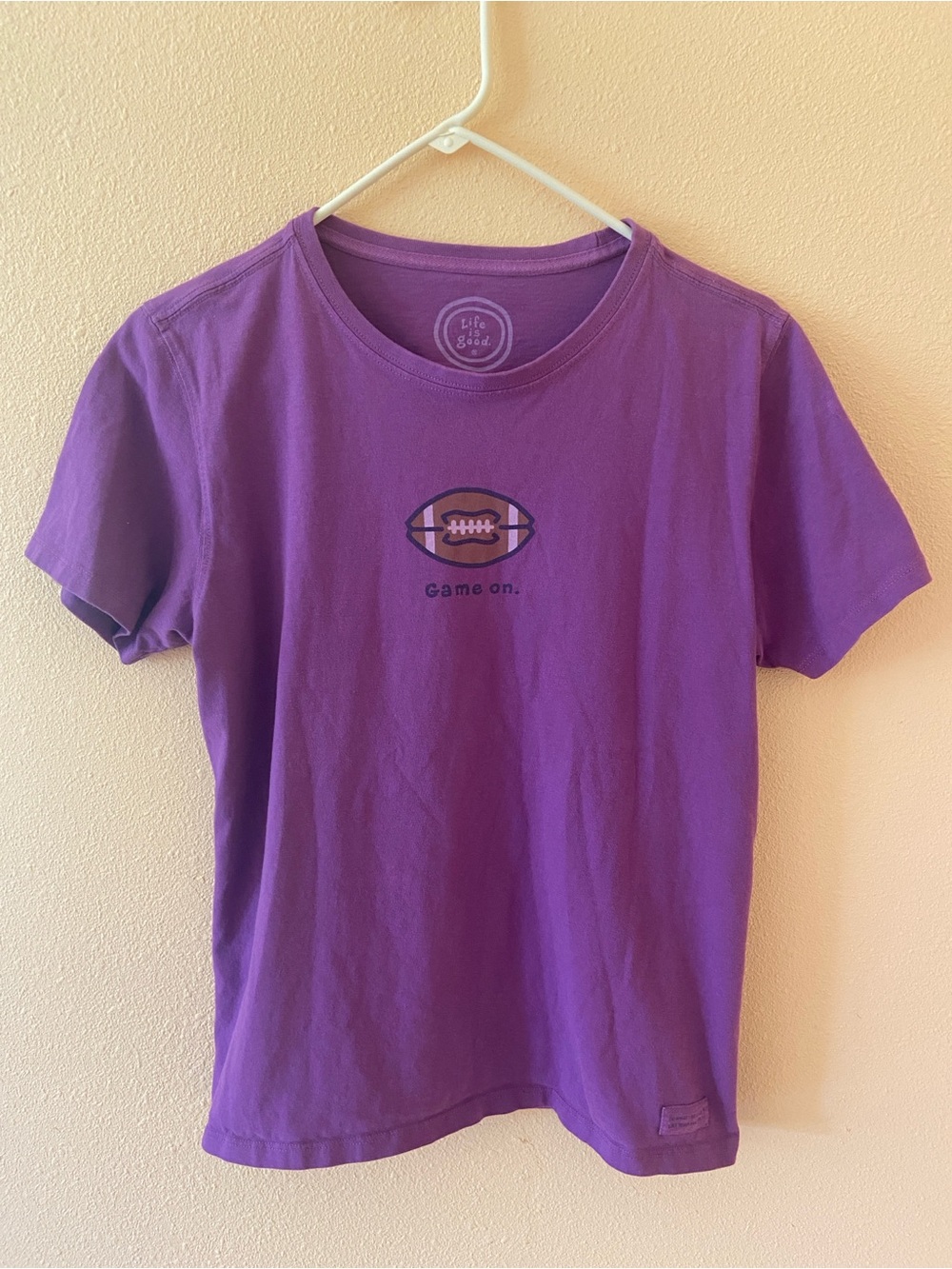 Women’s Life Is Good Purple Football T-Shirt, Size Medium, Cotton